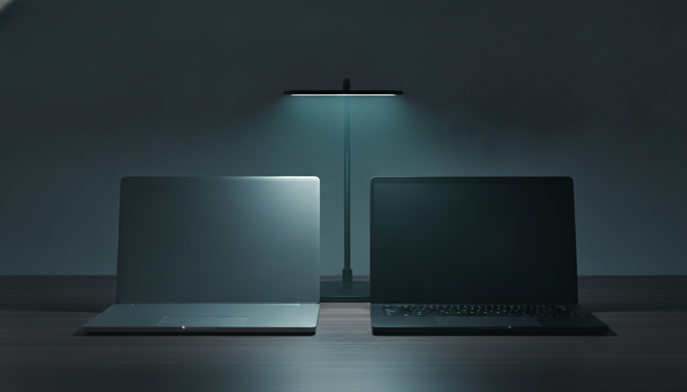 A silver and a black laptop side by side under a teal lamp